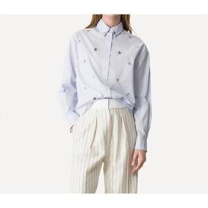 NEW FORTE FORTE en fleur embroidery cropped cotton poplin shirt in ciel